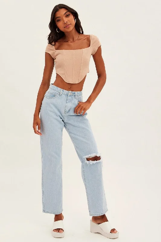 Beige Corset Crop Top Short Sleeve Square Neck