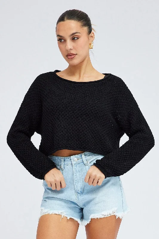 Black Knit Top Long Sleeve Crew Neck