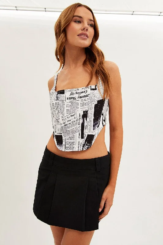 Black Print Corset Top Sleeveless Square Neck Structured