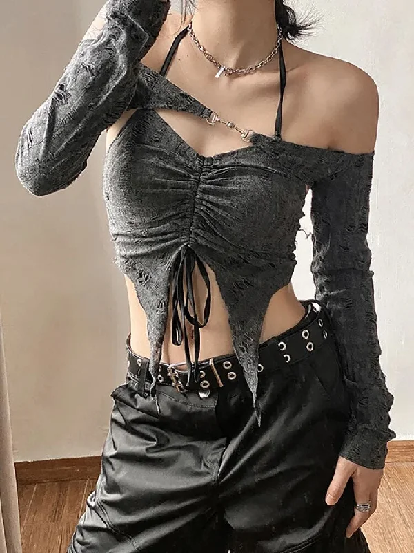 Vintage Gothic Drawstring Crop Top