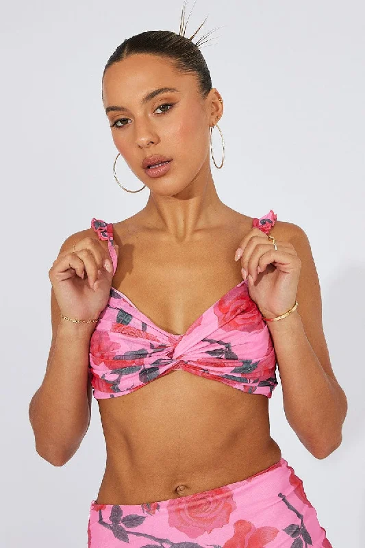 Multi Floral Bralette Crop Top Ruffle Shoulder Gathered