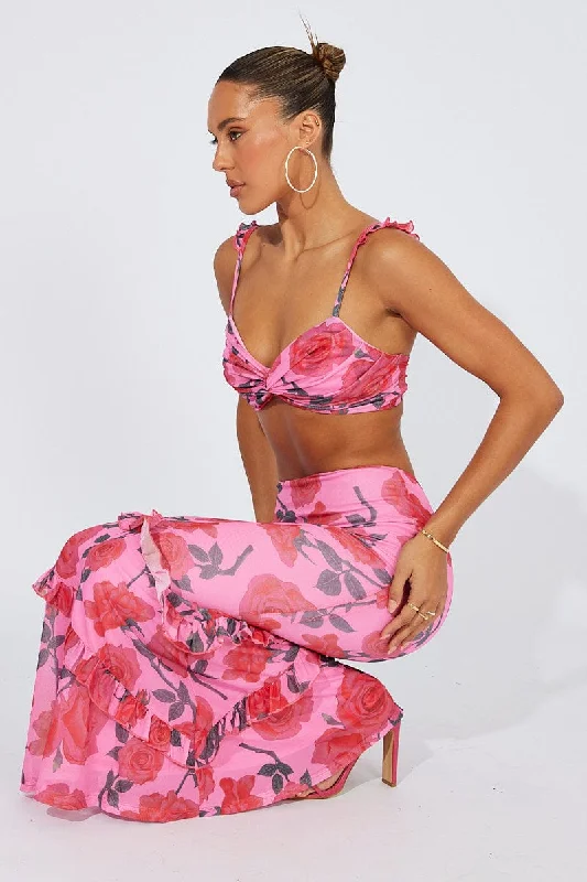 Multi Floral Bralette Crop Top Ruffle Shoulder Gathered