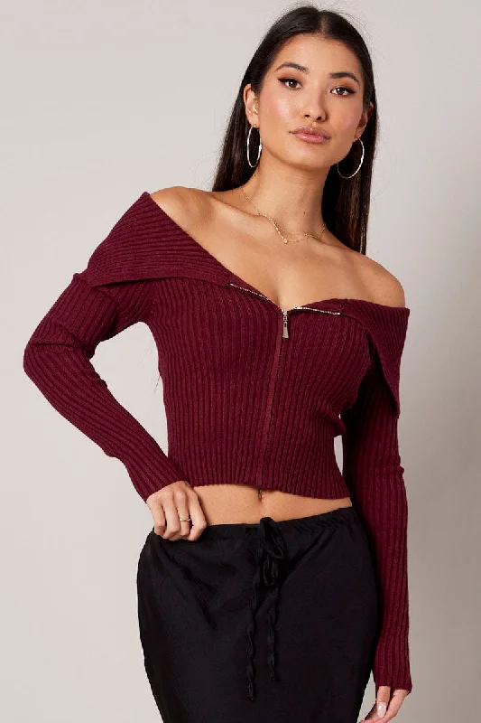 Red Off Shoulder Knit Top Long Sleeve