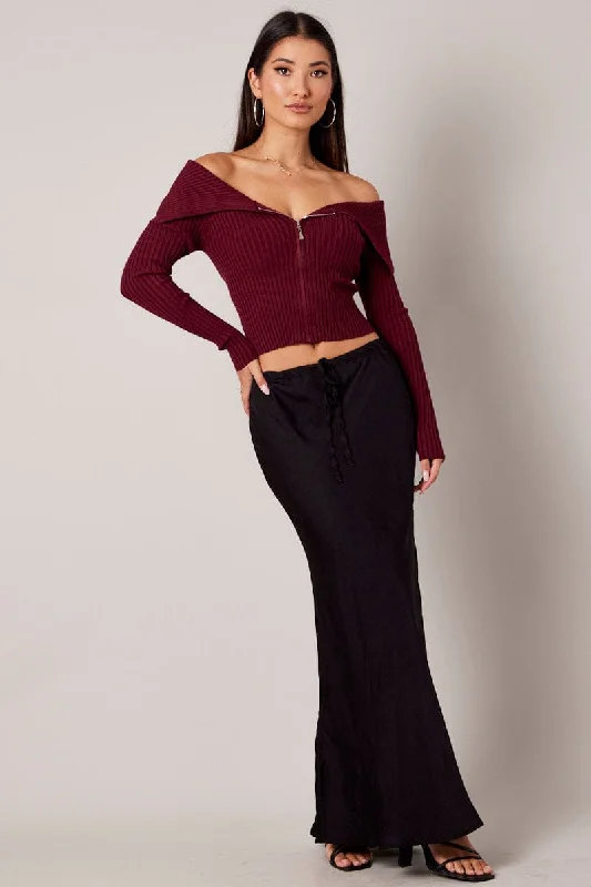 Red Off Shoulder Knit Top Long Sleeve