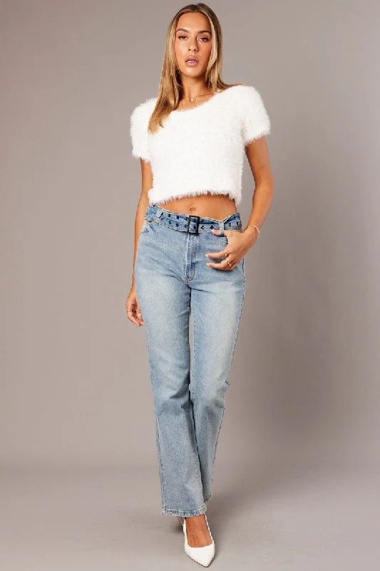 White Fluffy Knit Top Short Sleeve Crop