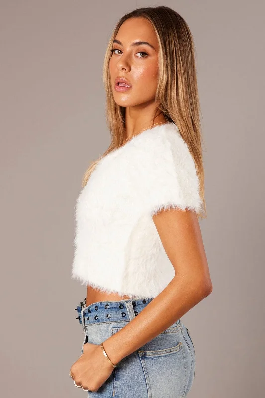 White Fluffy Knit Top Short Sleeve Crop