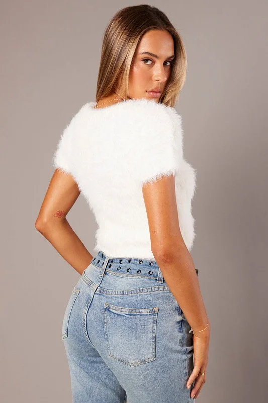 White Fluffy Knit Top Short Sleeve Crop