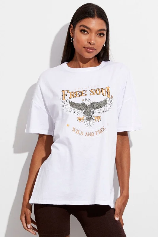 White T Shirt Crew Neck Short Sleeve Longline Eagle