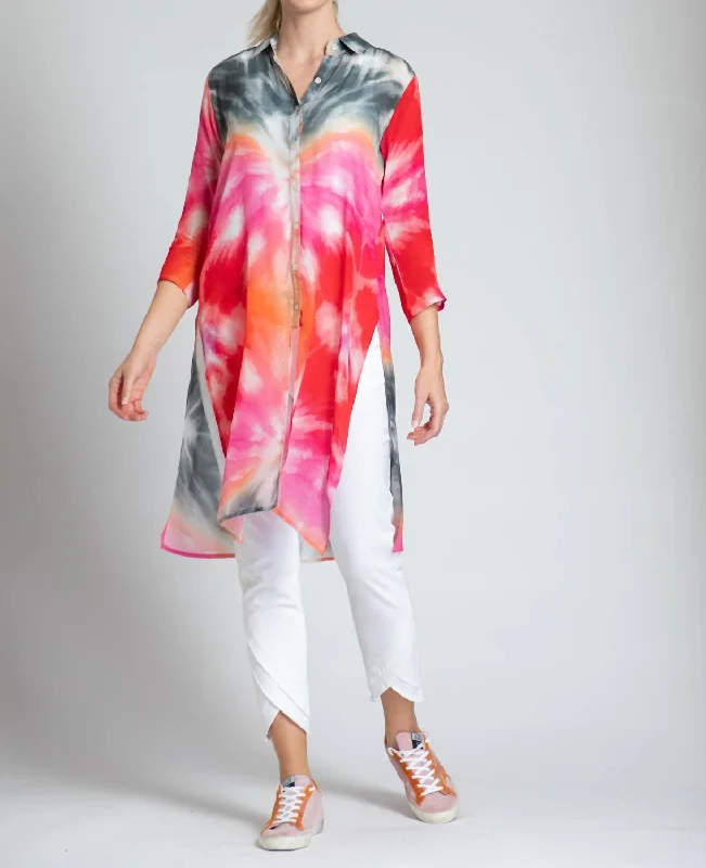 3/4 Sleeve Tie Dye Button Up Top In Multi