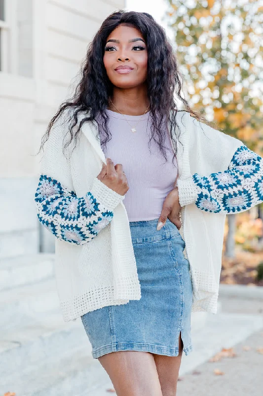 Be Better Ivory and Blue Crochet Sleeve Hooded Cardigan