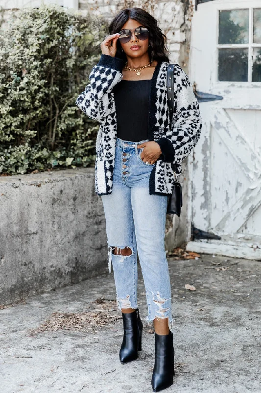 Find Your Path Black And Ivory Fuzzy Printed Cardigan