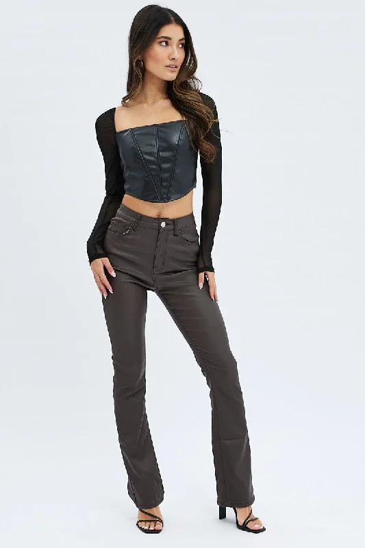 Black Corset Top Long Sleeve Square Neck Faux Leather