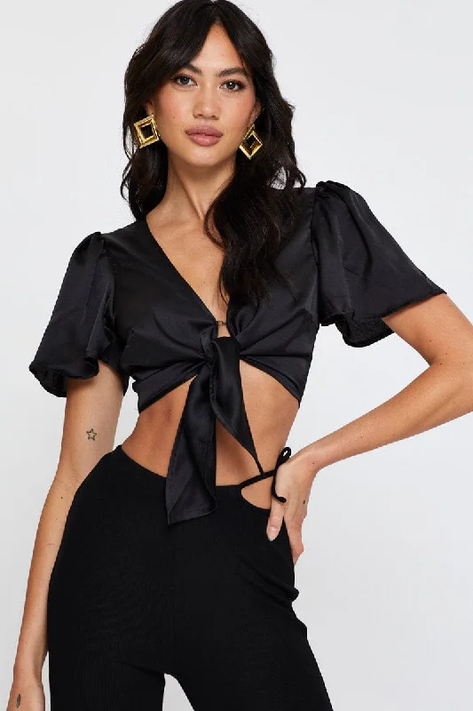 Black Crop Bolero Short Sleeve Tie Up