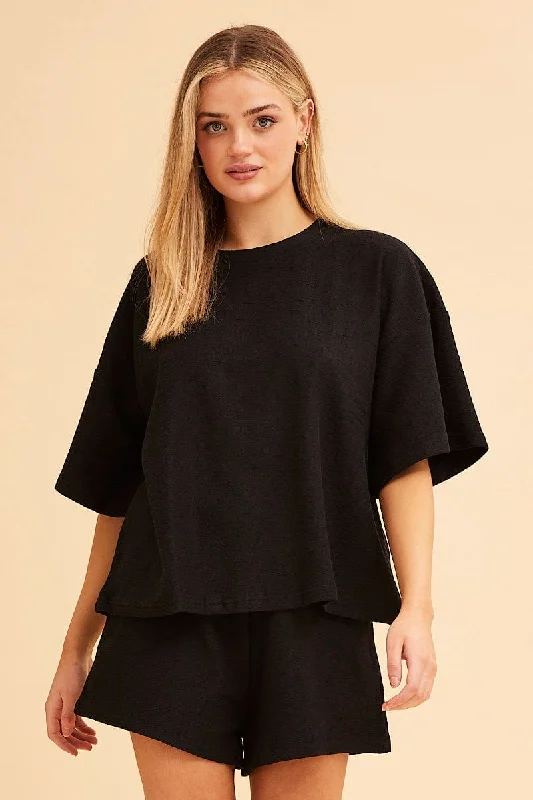 Black Remi Oversized Textured Lounge Crew Neck Tee