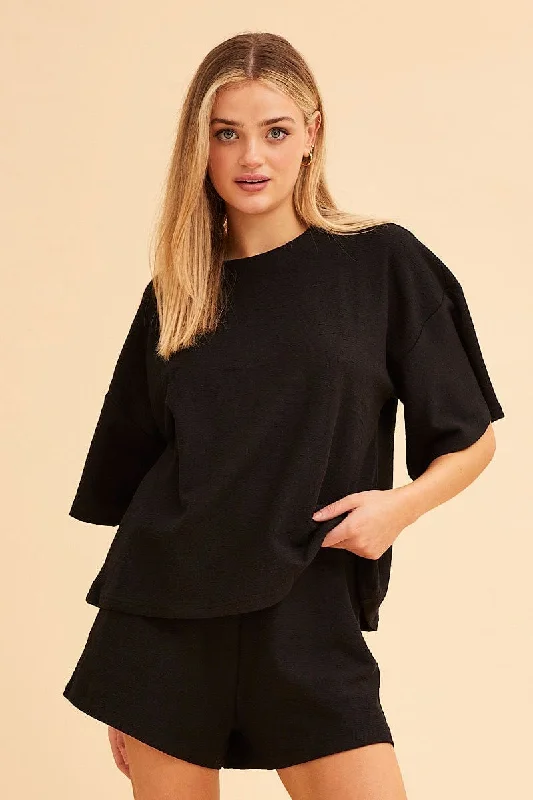 Black Remi Oversized Textured Lounge Crew Neck Tee