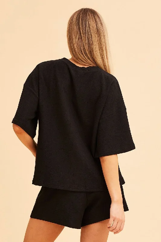 Black Remi Oversized Textured Lounge Crew Neck Tee