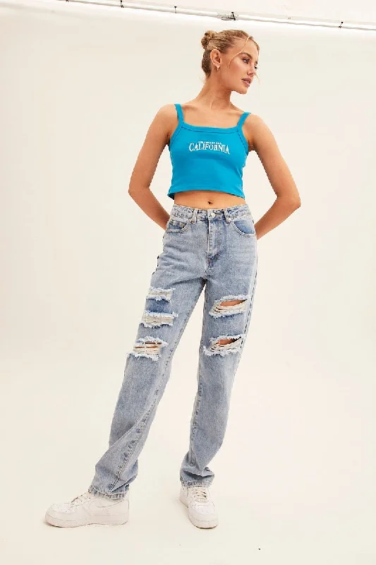 Blue Crop Singlet Sleeveless Rib Embroidered