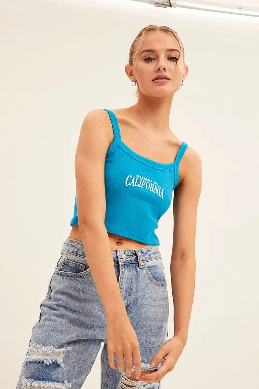 Blue Crop Singlet Sleeveless Rib Embroidered