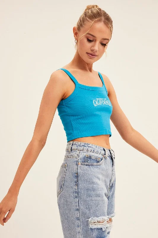 Blue Crop Singlet Sleeveless Rib Embroidered