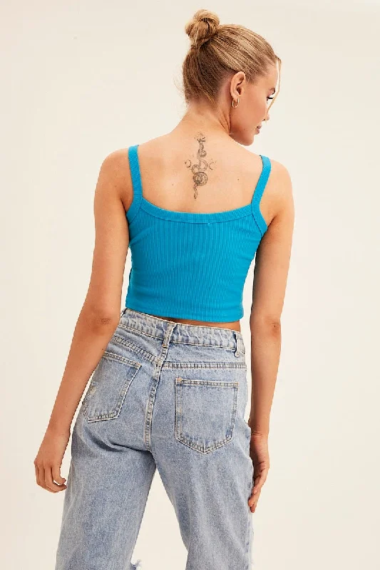 Blue Crop Singlet Sleeveless Rib Embroidered