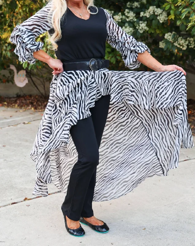 Bodice V Neck Tunic With Zebra Print Sheer Sleeves In Black