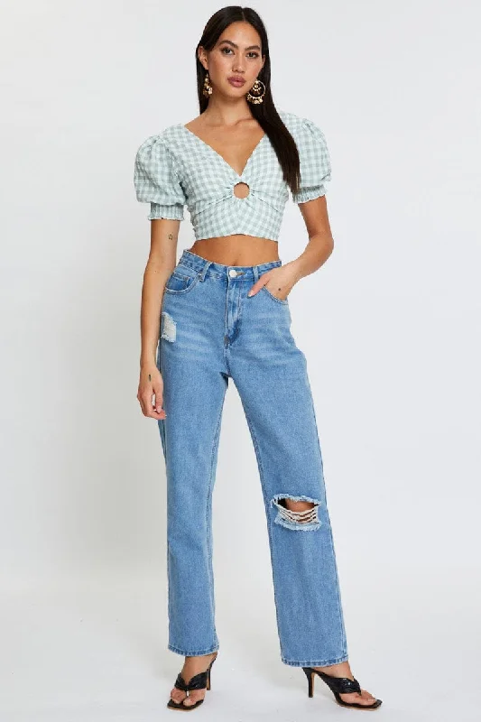 Check Crop Top Short Sleeve Square Neck