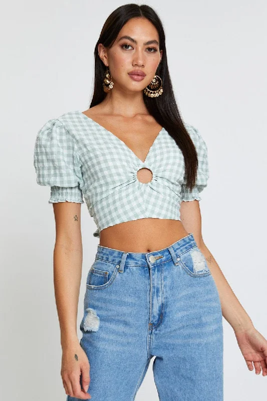 Check Crop Top Short Sleeve Square Neck