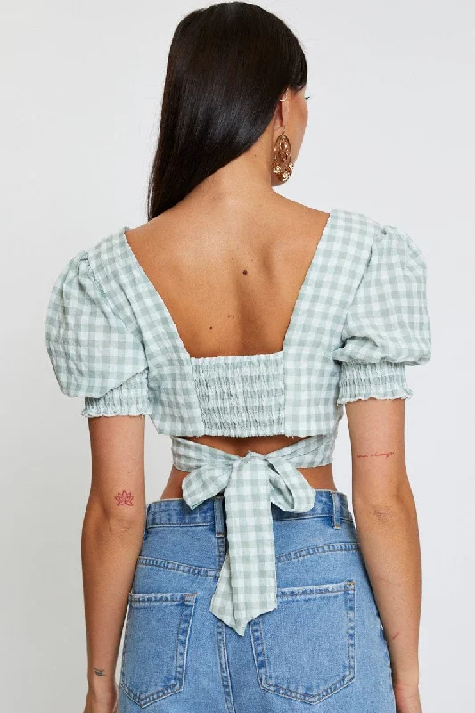 Check Crop Top Short Sleeve Square Neck