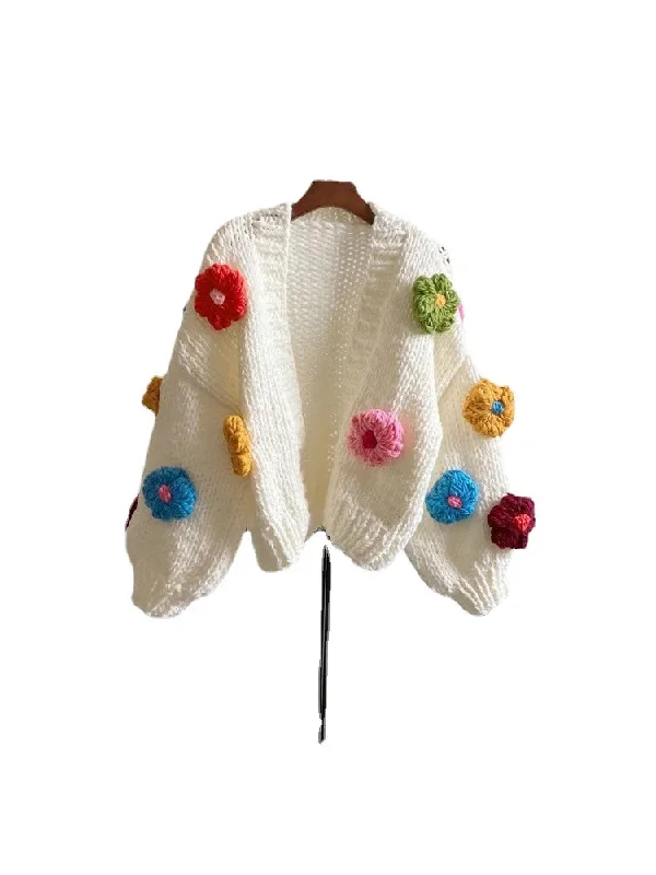 Handmade Crochet Flower Autumn Lantern Sleeve Button Street Sweet Sweater