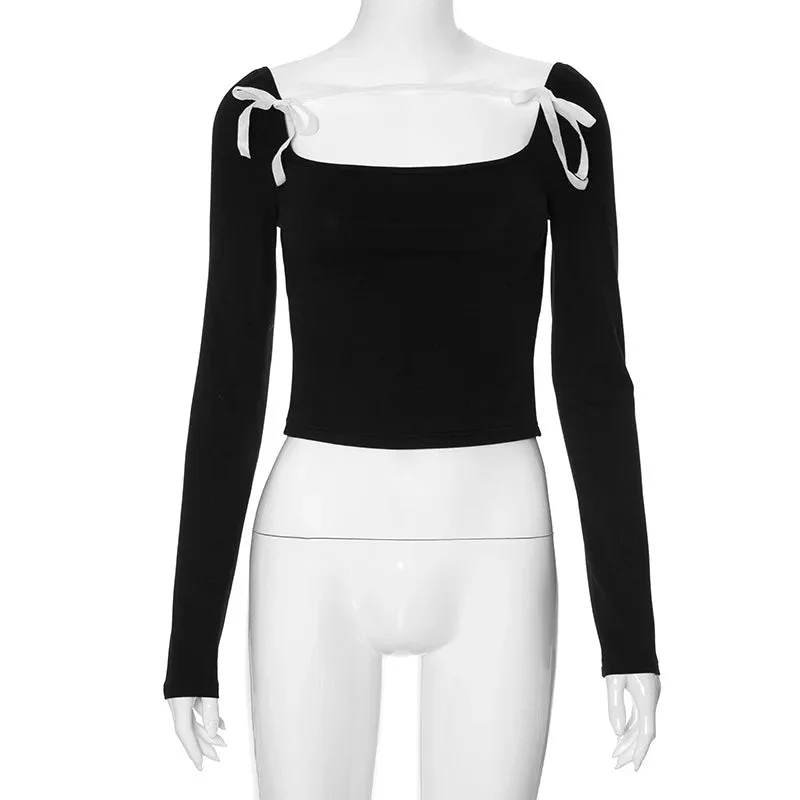 Black Splice Bow Long Sleeve Slim Street Casual Bodycon Bandage Femme Crop Top