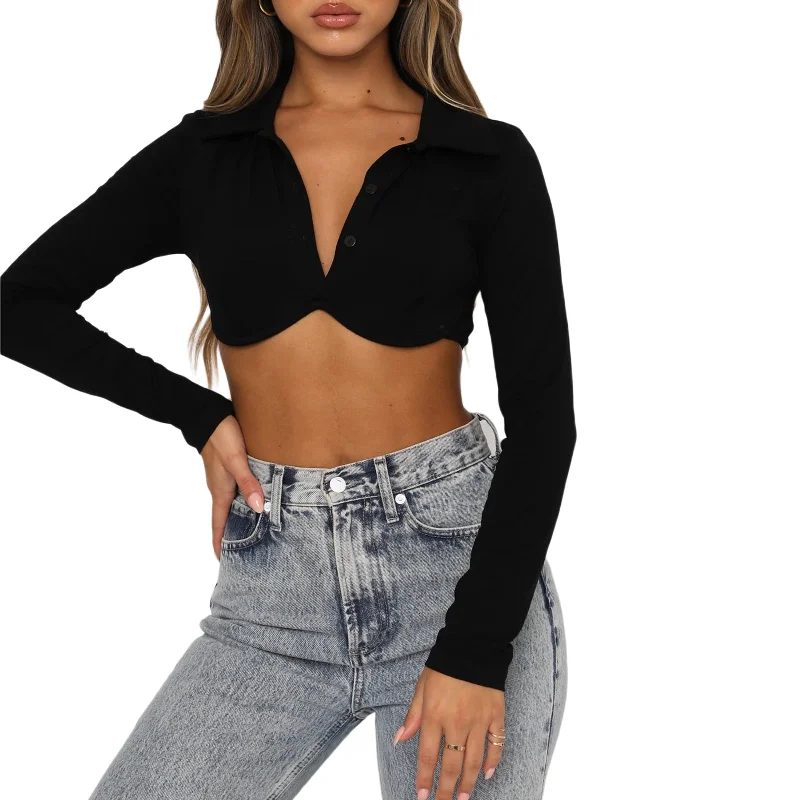 MegaBetty - Wsevypo Chic Solid Color Lapel Button Down Wrap Tube Tops Autumn Streetwear Women's Long Sleeve Slim Fit T-Shirt Crop Tops