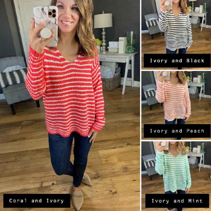 Draw The Line Striped V-Neck Loose Knit Sweater- Multiple Options