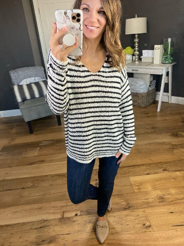 Draw The Line Striped V-Neck Loose Knit Sweater- Multiple Options