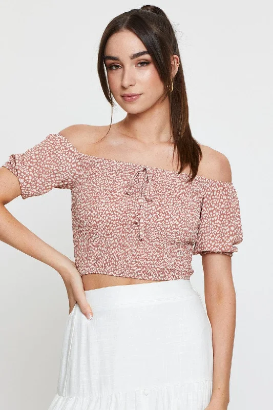 Geo Print Puff Sleeve Top Short Sleeve Crop Off Shoulder