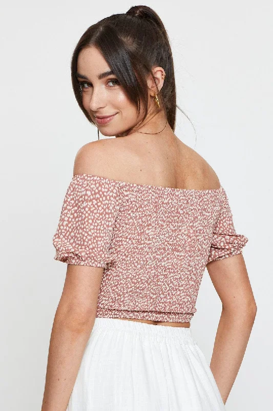 Geo Print Puff Sleeve Top Short Sleeve Crop Off Shoulder