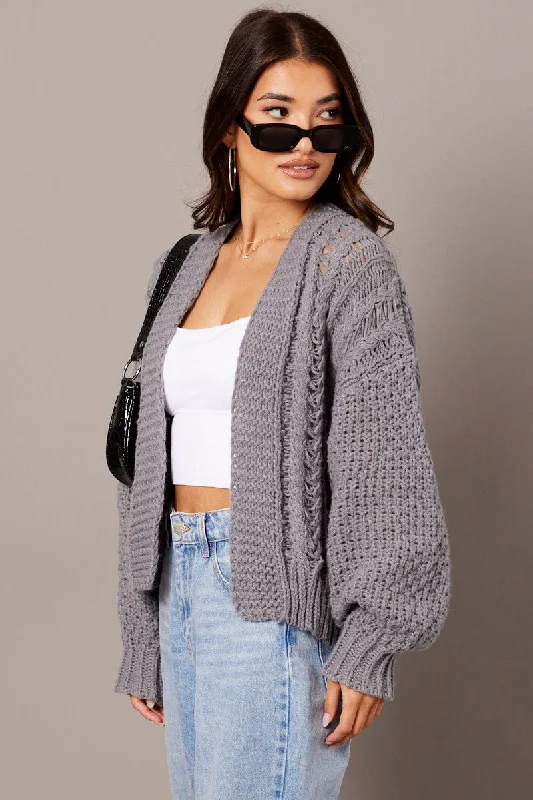 Grey Knit Cardigan Long Sleeve Relaxed Fit Cable