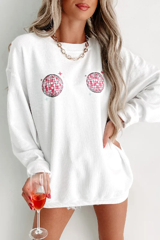 ""Last Disco"" Double-Sided Corded Graphic Crewneck (White) - Print On Demand