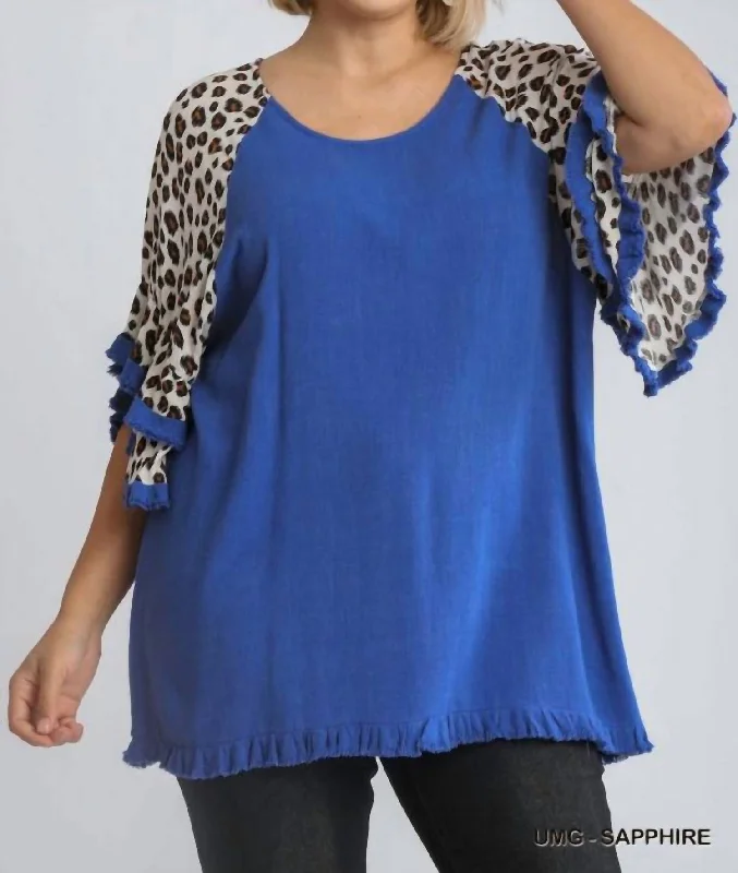 Linen Blend Animal Print Layered Bell Sleeve Plus In Sapphire