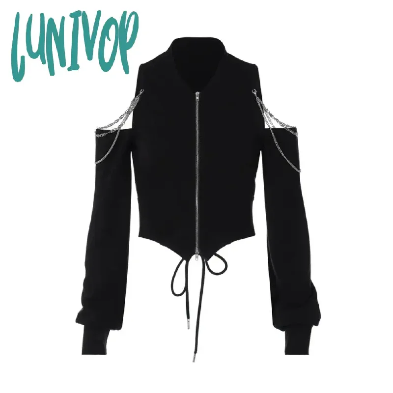 Lunivop Y2k Harajuku Solid Crop Top Women Korean Streetwear Zipper T Shirts Off Shoulder Balck Tees Aesthetic Kpop Cardigans