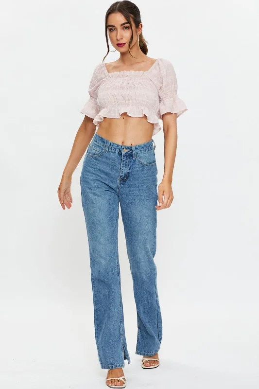 Pink Short Sleeve Textured Shirred Puff Sleeve Crop Top