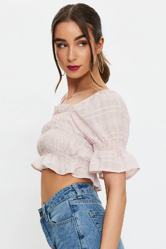 Pink Short Sleeve Textured Shirred Puff Sleeve Crop Top