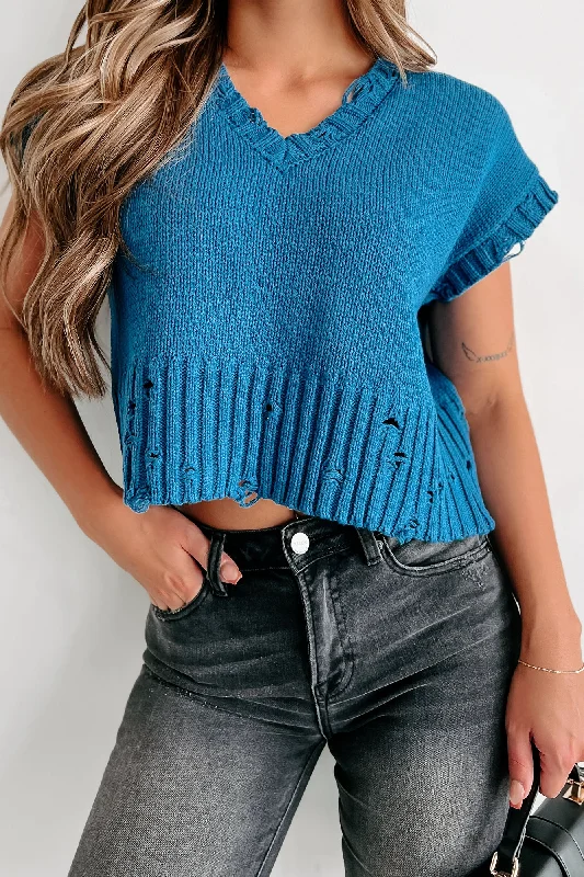 Pulling At Heart Strings Distressed Short Sleeve Crop Sweater (Teal)