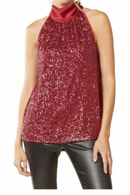 Sequin Front And Large Bow Top In Ruby