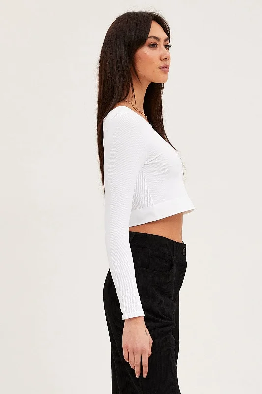 White Crop Top Long Sleeve Crew Neck