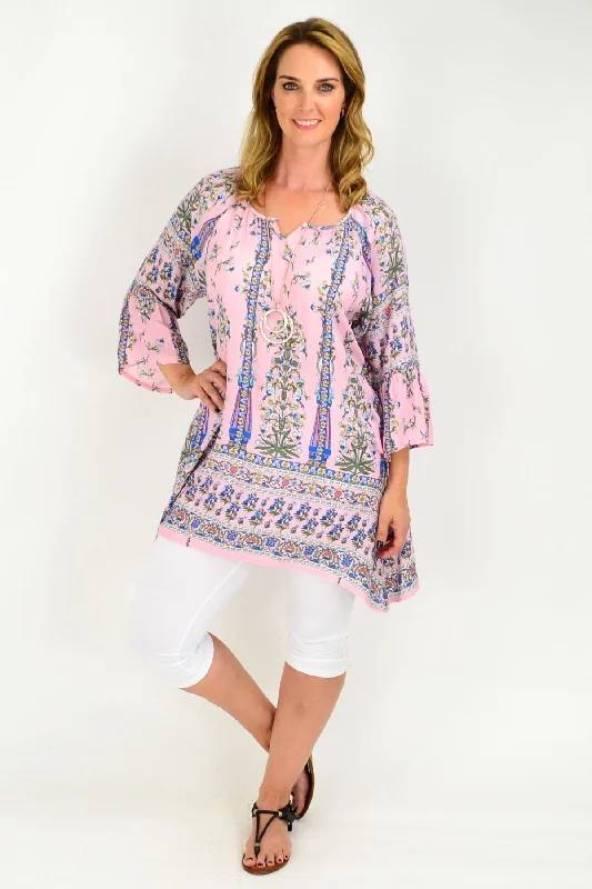 Pink Floral Bell Cuff Tunic Top