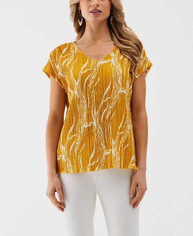 Ripple Print V-Neck Plisse Top