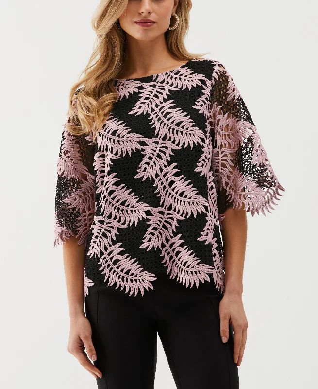 Scalloped Elbow Sleeve Lace Top