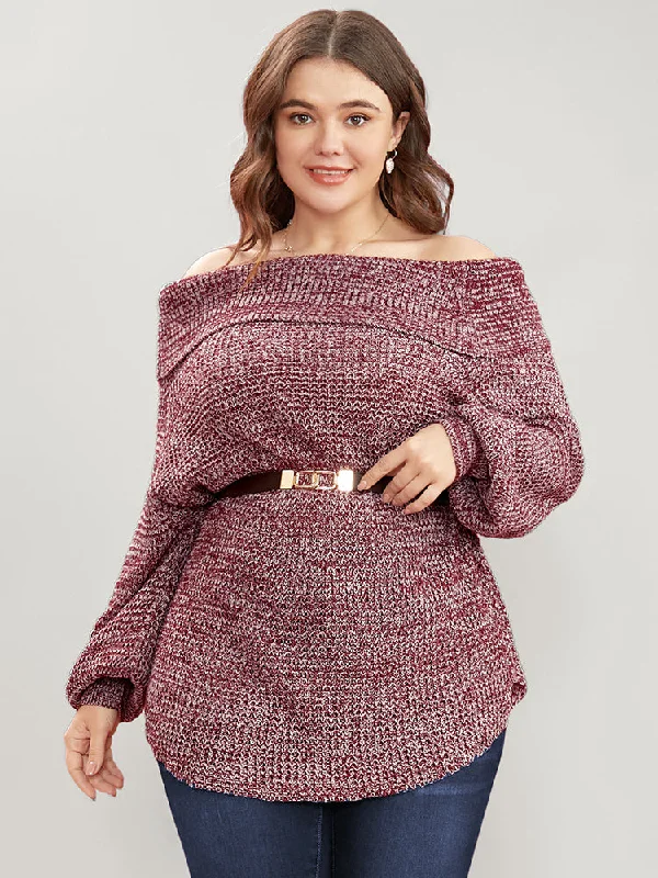 Solid Pointelle Knit Off Shoulder Arc Hem  Heather Knit Top