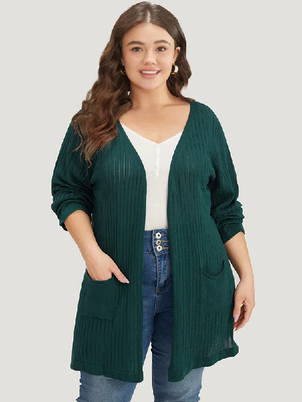 Solid Rib Knit Pocket Lightweight Tunic Cardigan