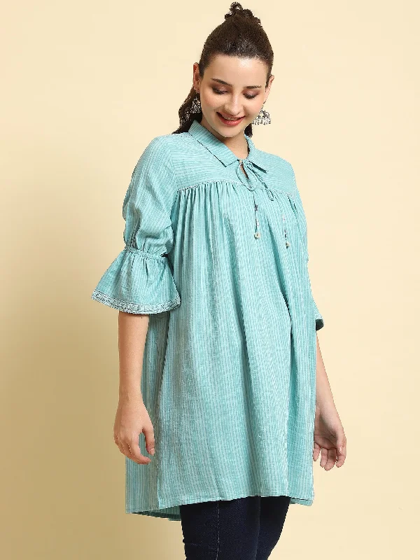 Women Turquoise Blue Stripe Printed Tunic